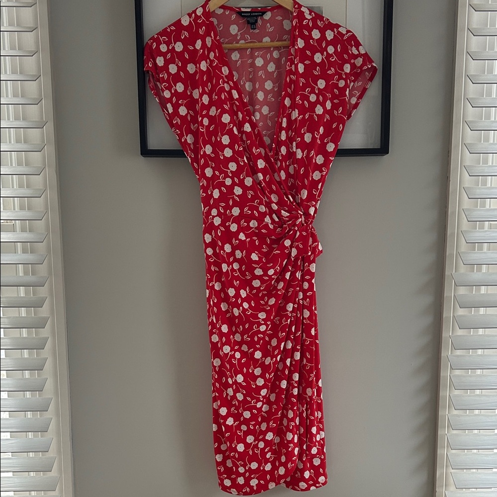 Maggy London Red Midi Summer Dress with White Floral & Leaf Pattern
